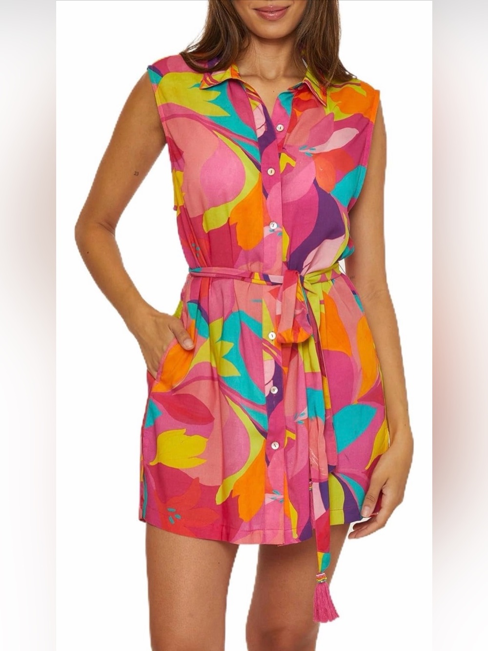 NWT Trina Turk Pink Multi Floral Sleeveless Tie-Waist Beach Dress Coverup, Small